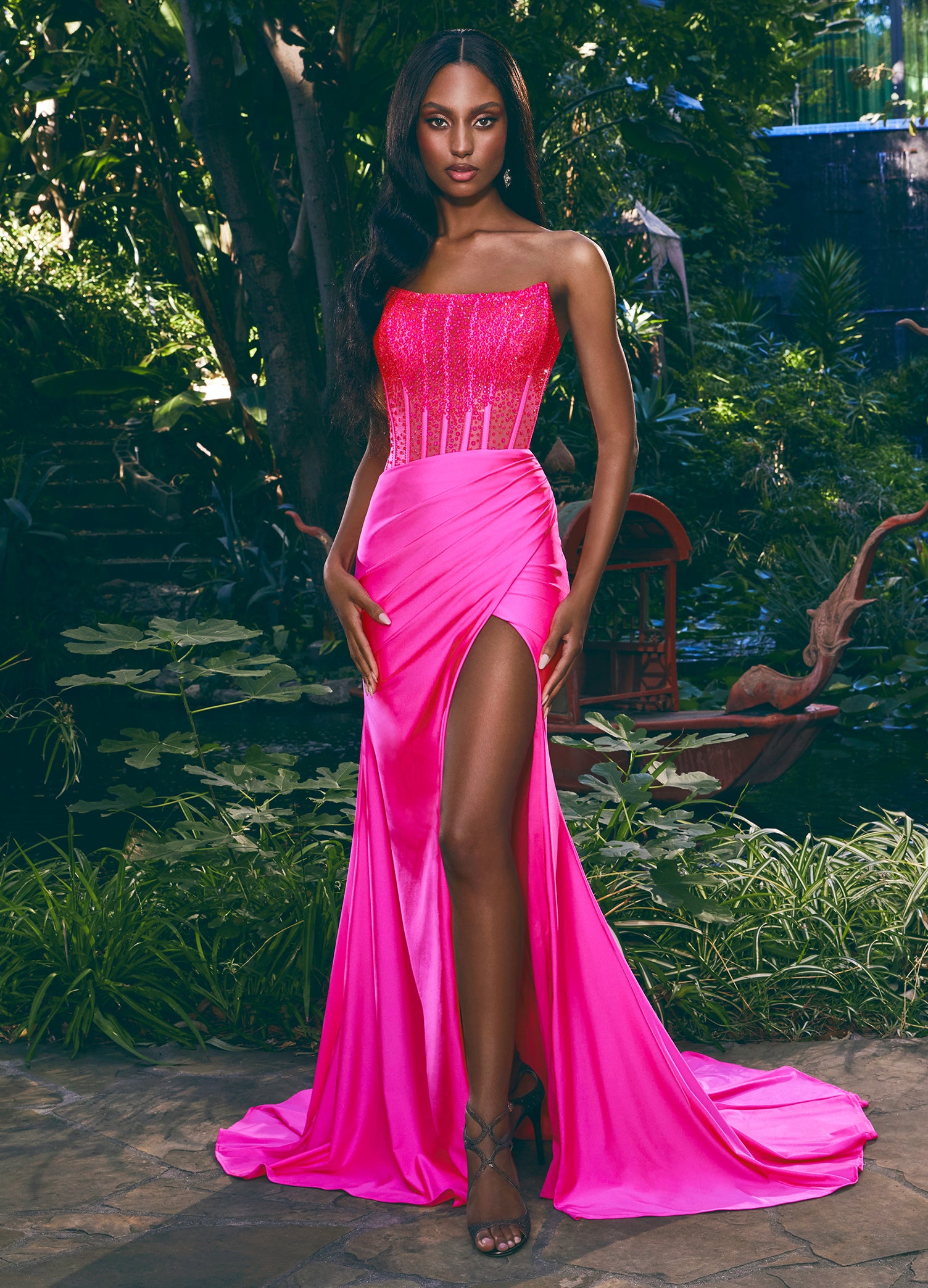 Fuchsia Strapless Evening Gown with Silver Beaded Corset and Thigh-High Slit – Glamorous Formal Wear