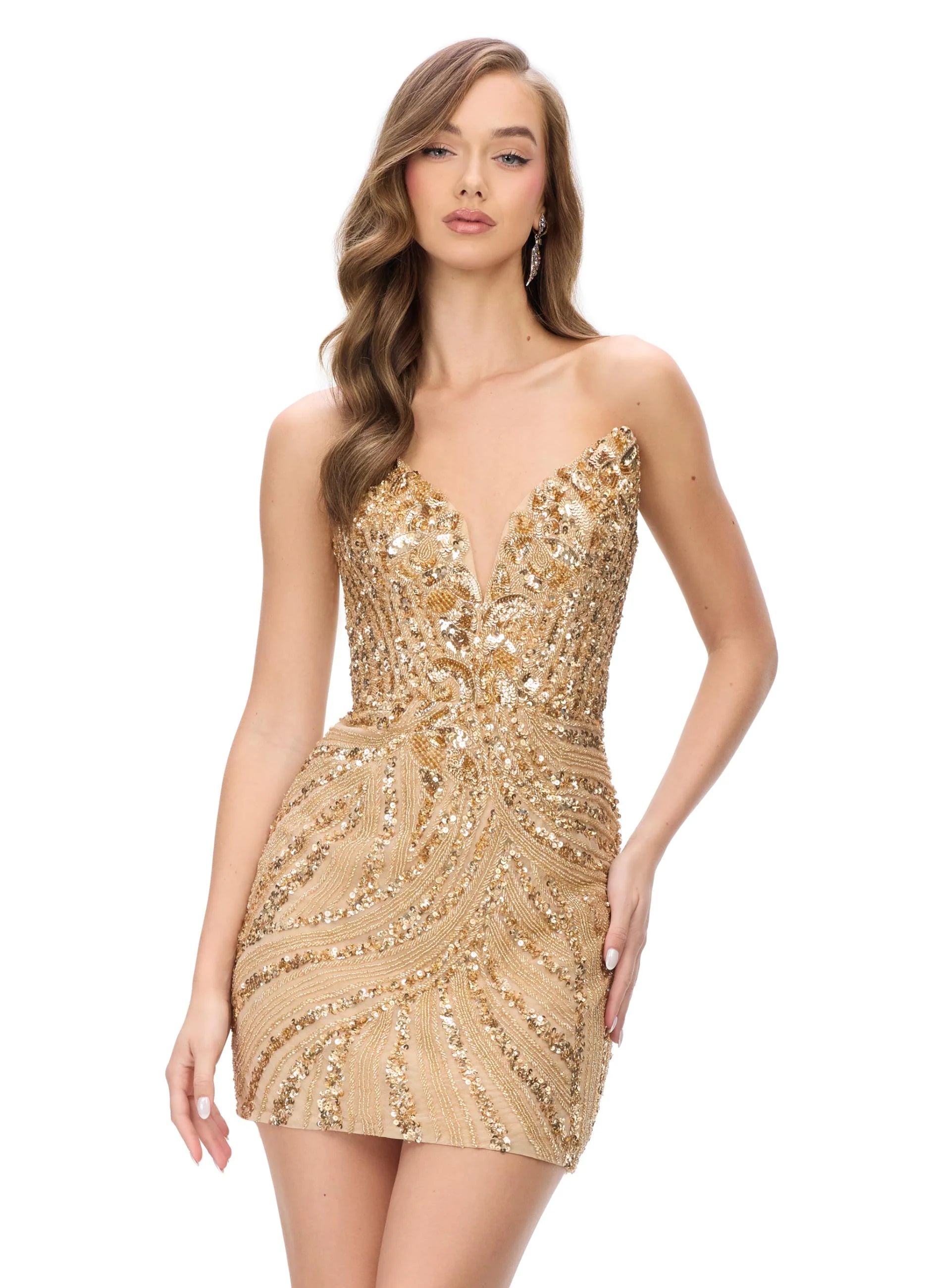 Hera Mini Dress |Gold strapless mini dress showcasing a plunging sweetheart neckline, hand-applied bead embellishments, and a sculpted silhouette.