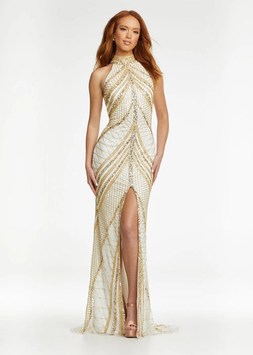 Capri Gown | Gold-Ivory Hand-beaded halter evening gown with intricate shimmer detail, low open back, centre slit, and sweep train perfect for formal events