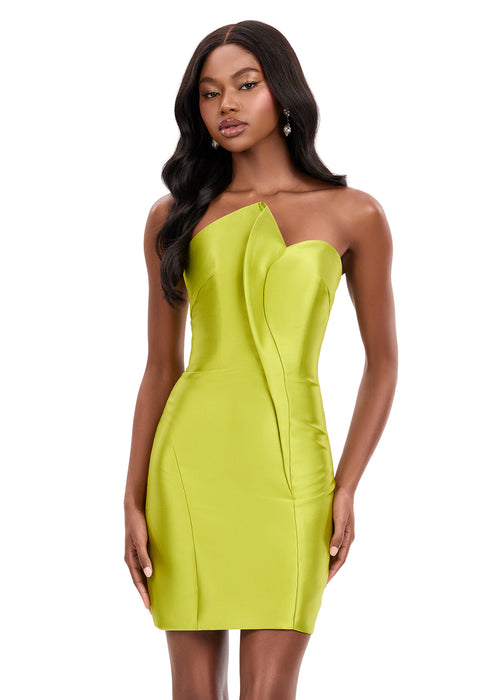 Iselina Mini Dress | Chartreuse mikado mini dress with asymmetrical neckline and sculpted structured silhouette