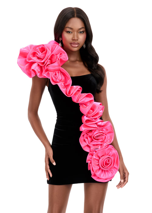 Ismera Mini Dress | Black-hot-pink one-shoulder velvet mini dress with sculptural 3D floral detailing and fitted silhouette