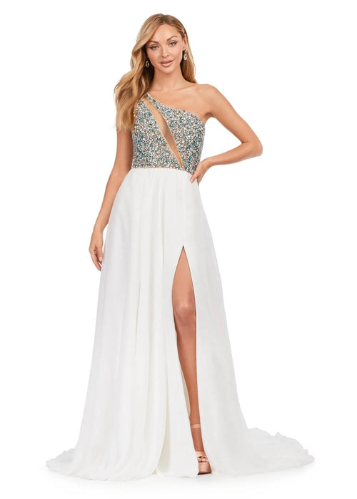 Cesca Gown | Ivory One-shoulder chiffon gown with turquoise and crystal beading on the bustier, featuring an asymmetrical neckline and flowing A-line skirt.