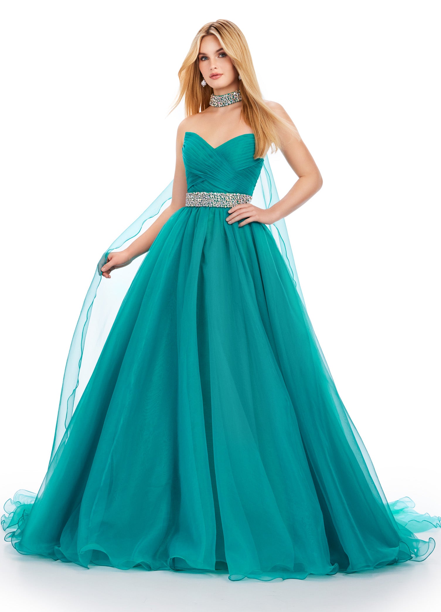 Jade ball gown featuring a sweetheart neckline, ruched bodice, sparkling embellished waistband, and a flowing tulle skirt for a fairytale-inspired look.