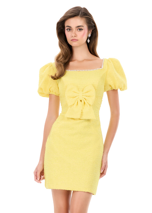 Lysandra Mini Dress | Yellow structured tweed mini dress featuring puff sleeves, square neckline and feminine bow accent