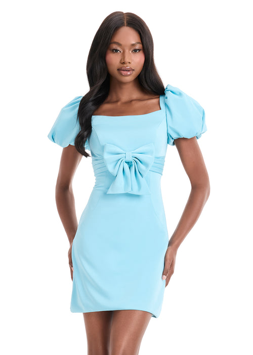 Lyvanna Mini Dress | Blue crepe mini dress with puff sleeves, square neckline and dramatic front bow