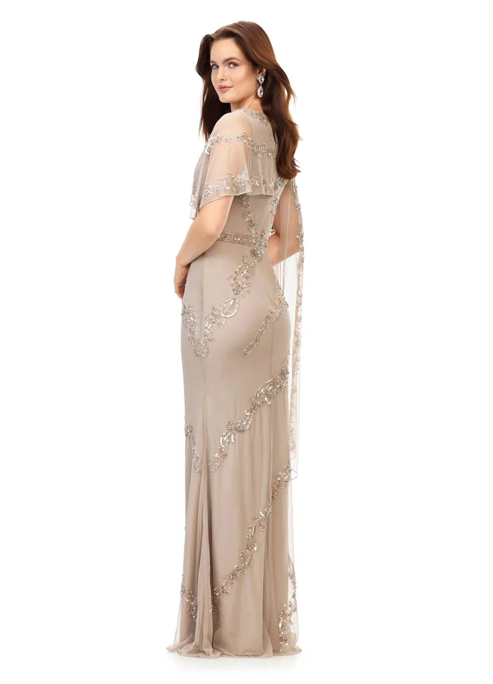 Back view. Marble ASHLEYlauren Maelis Gown 11213 featuring all-over hand beading, a structured bustier, and an asymmetrical draped overlay on the left arm, ideal for red carpet and formal events