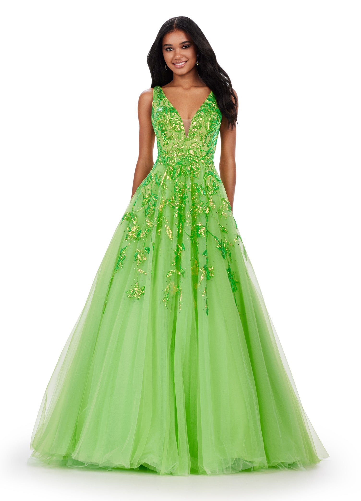 ASHLEYlauren_11470 Neon Green Tulle Ball Gown with Plunge Neckline and Gold Embellishments – Perfect for Formal Events