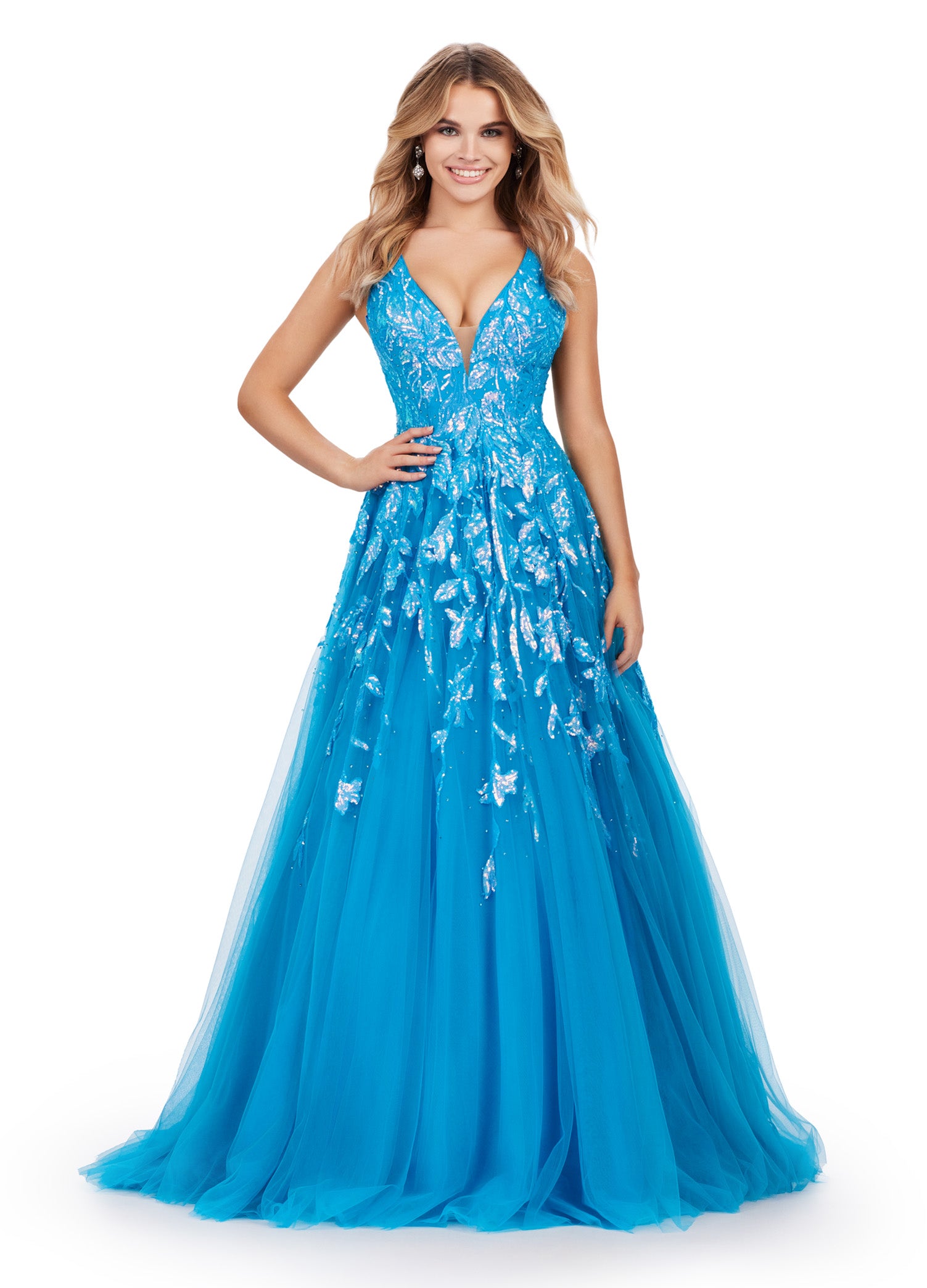 ASHLEYlauren_11470 Blue Tulle Ball Gown with Plunge Neckline and Gold Embellishments – Perfect for Formal Events