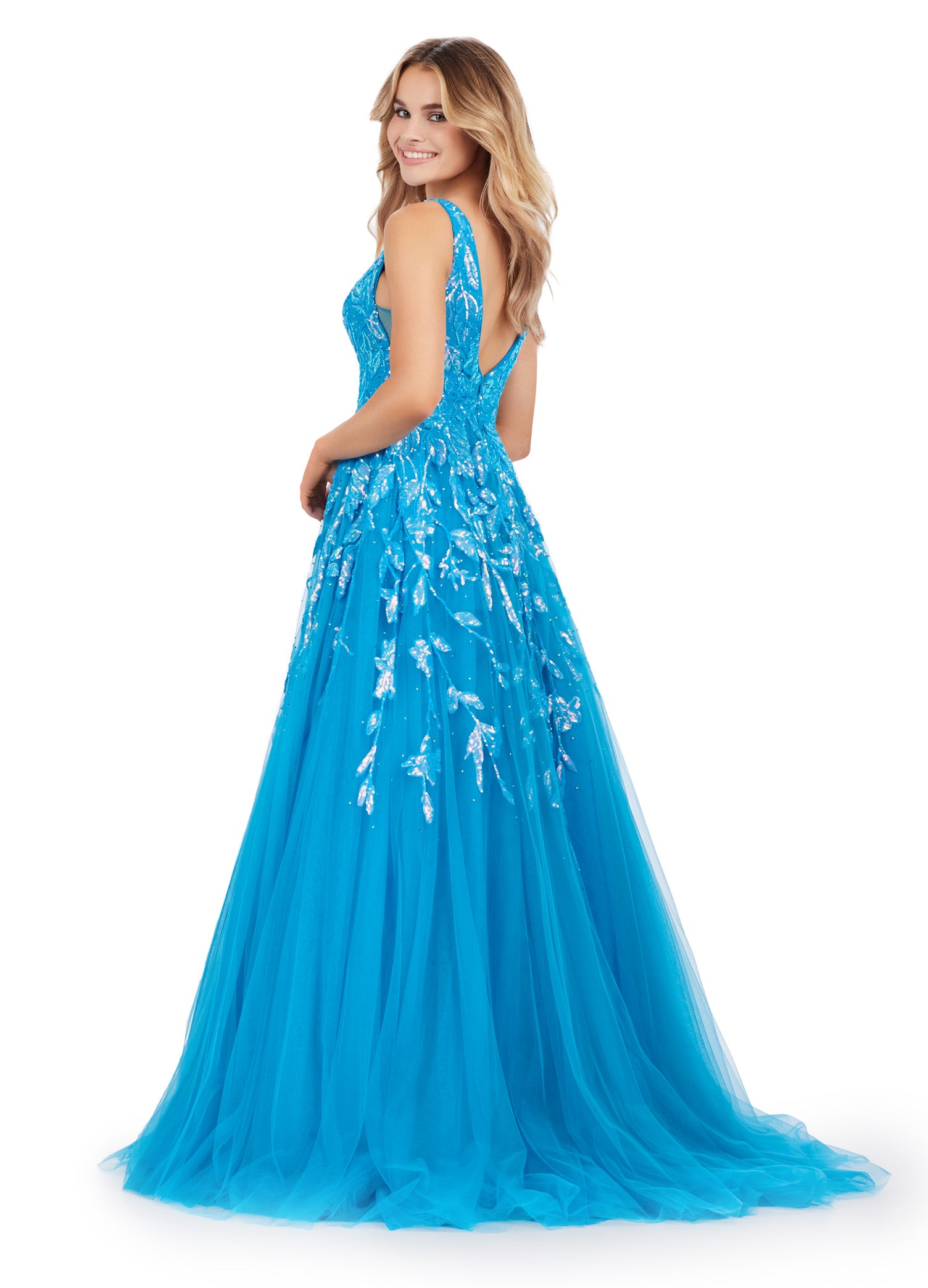 ASHLEYlauren_11470 Blue Tulle Ball Gown with Plunge Neckline and Gold Embellishments – Perfect for Formal Events