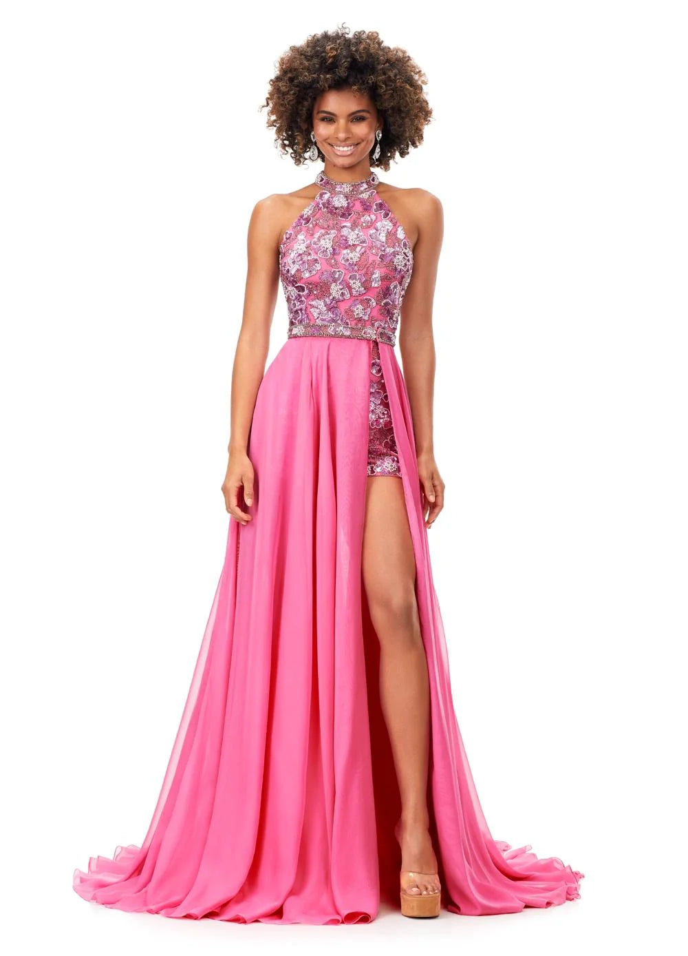 Orchid / Pink ASHLEYlauren Liora Romper 11354 featuring halter neckline, hand-beaded floral design, beaded belt, and flowing detachable chiffon overskirt for a glamorous pageant-ready look