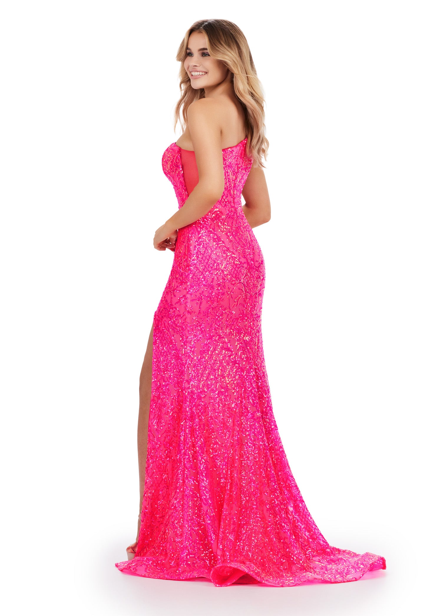 ASHLEYlauren_11471 Pink One-Shoulder Embellished Evening Gown with Thigh-High Slit – Glamorous Formal Wear