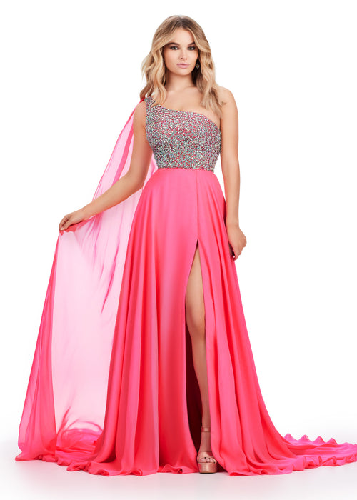 Gigou Gown | Hot-Pink one-shoulder evening gown with an embellished bodice, daring thigh-high slit, and a sleek fitted silhouette for an elegant and glamorous formal look.