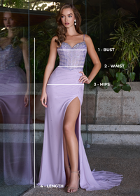 Size Guide Image | Lilac gown with bust, waist, hips and length measurement guide overlay for accurate dress sizing