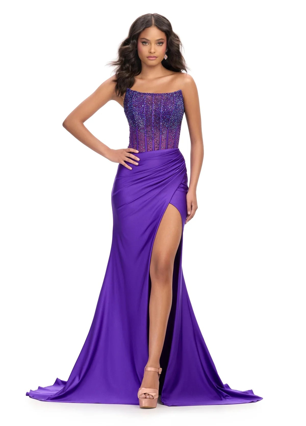 Purple Strapless Evening Gown with Silver Beaded Corset and Thigh-High Slit – Glamorous Formal Wear