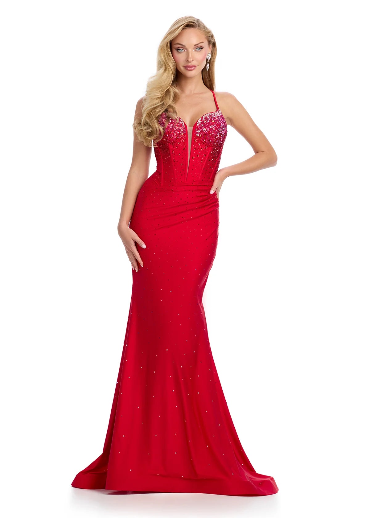 Red evening gown featuring a fitted silhouette, a plunging neckline embellished with sparkling accents, and delicate straps for an elegant and glamorous look.