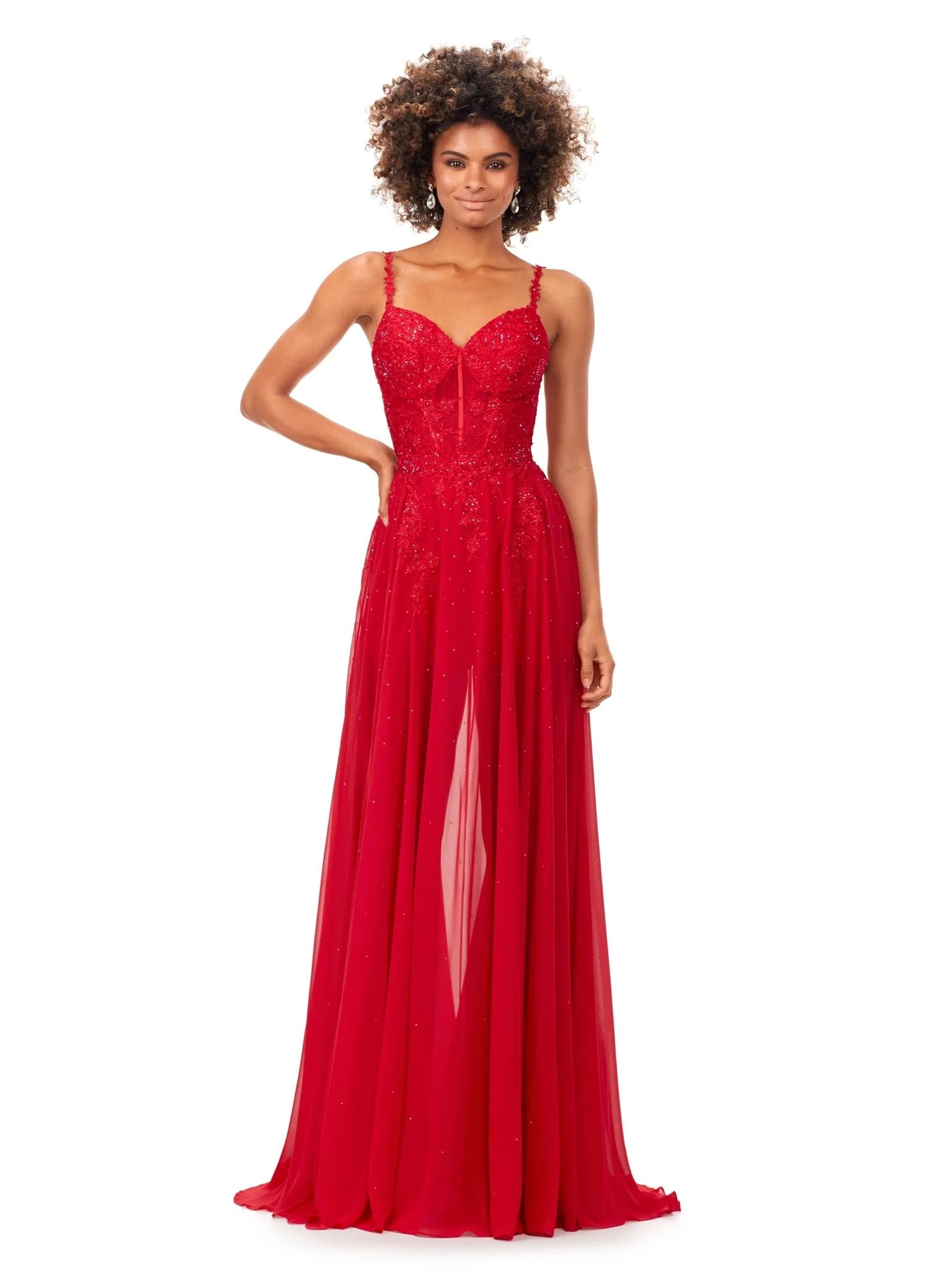 Red ASHLEYlauren Odessa Romper 11333 featuring delicate lace appliqué, spaghetti straps, heat-set stones, fitted romper base, and detachable chiffon overskirt for a versatile formal look