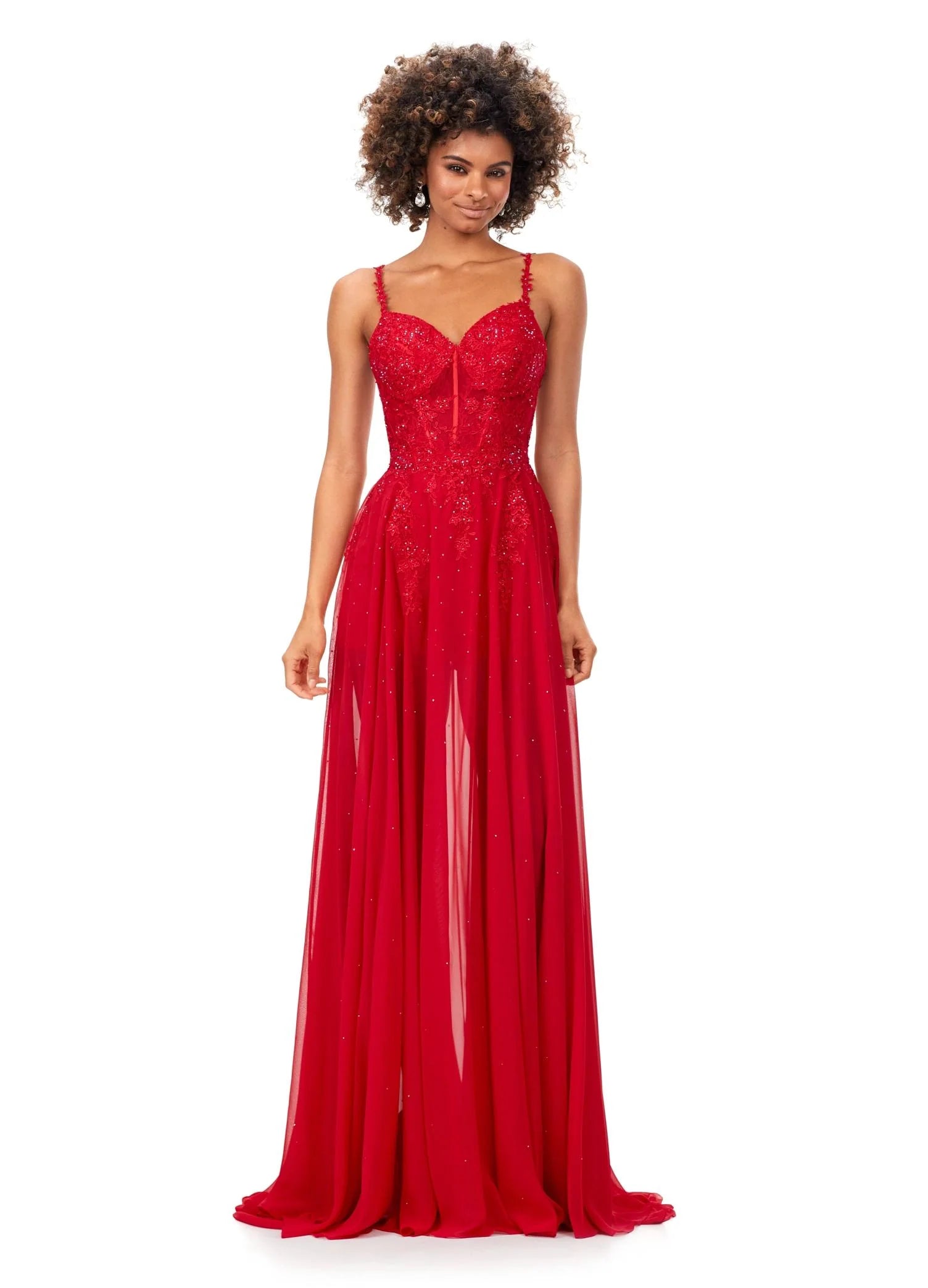 Red ASHLEYlauren Odessa Romper 11333 featuring delicate lace appliqué, spaghetti straps, heat-set stones, fitted romper base, and detachable chiffon overskirt for a versatile formal look