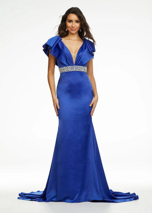 Myla Gown | Royal 11130 elegant satin gown with draped ruffle shoulder, beaded crystal waistline, V-neck, V-back, and sweeping train.