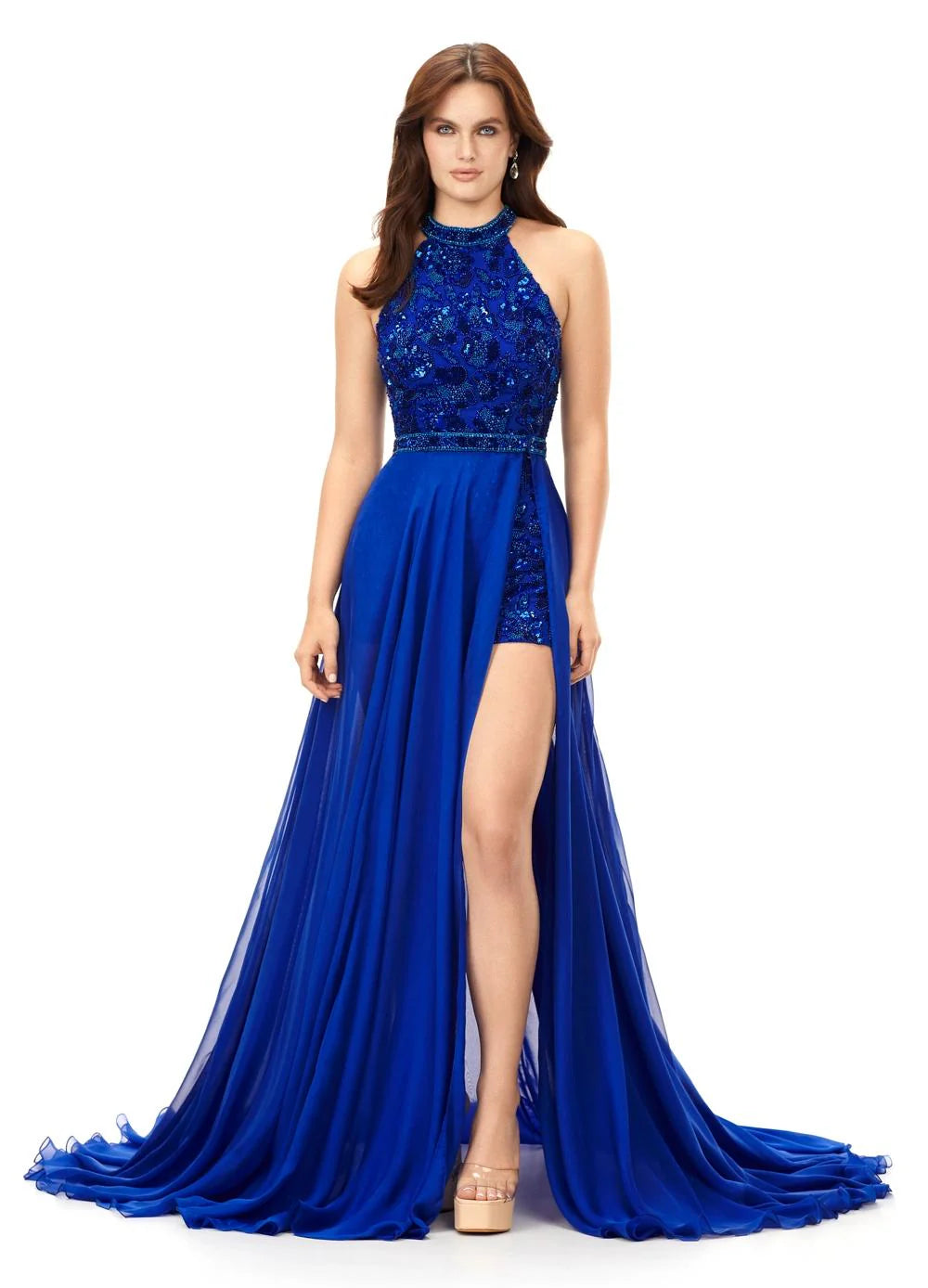 Royal ASHLEYlauren Liora Romper 11354 featuring halter neckline, hand-beaded floral design, beaded belt, and flowing detachable chiffon overskirt for a glamorous pageant-ready look