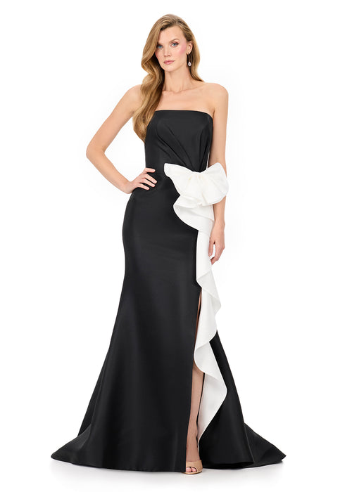 Selvara Gown | Black-white strapless mikado mermaid gown with sculpted bodice, oversized bow and cascading ruffle