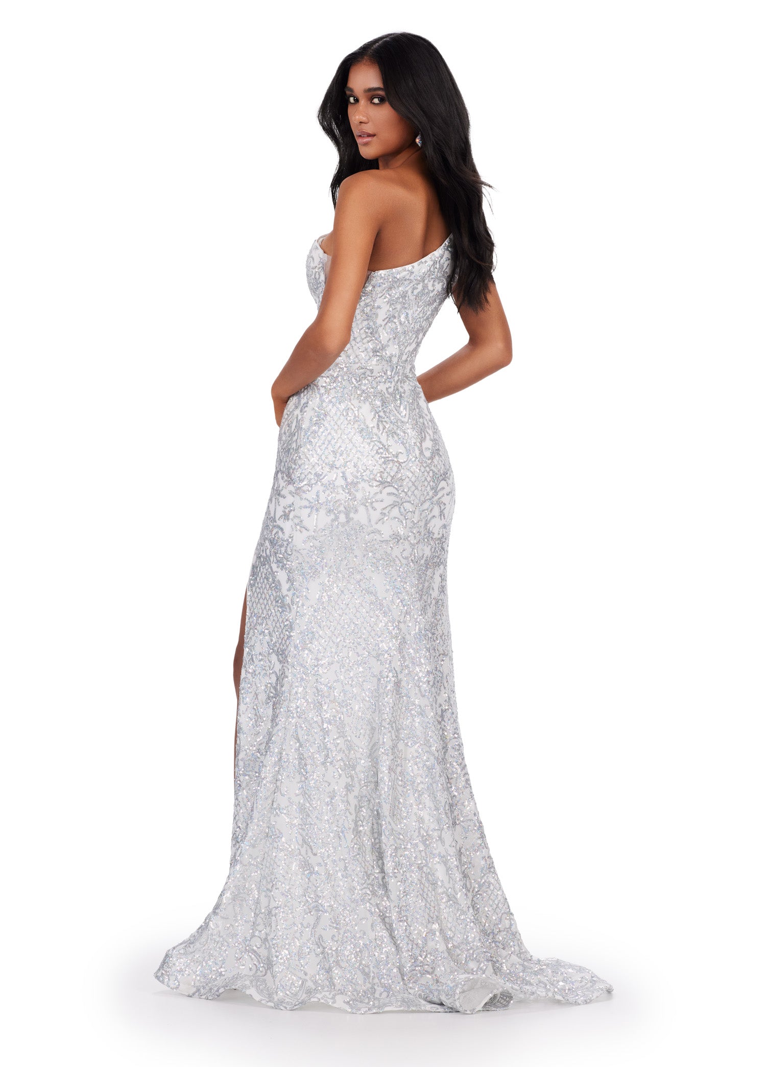ASHLEYlauren_11471 White One-Shoulder Embellished Evening Gown with Thigh-High Slit – Glamorous Formal Wear