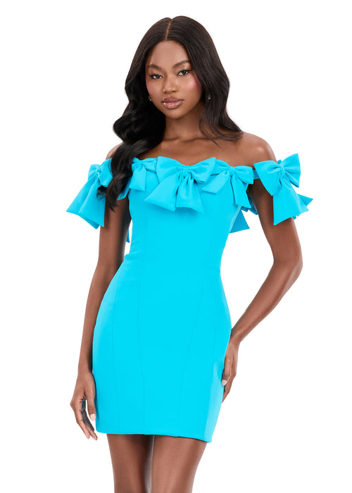 Sorielle Mini Dress | Turquoise fitted mini dress featuring sculpted scuba fabric and dramatic oversized bow detailing