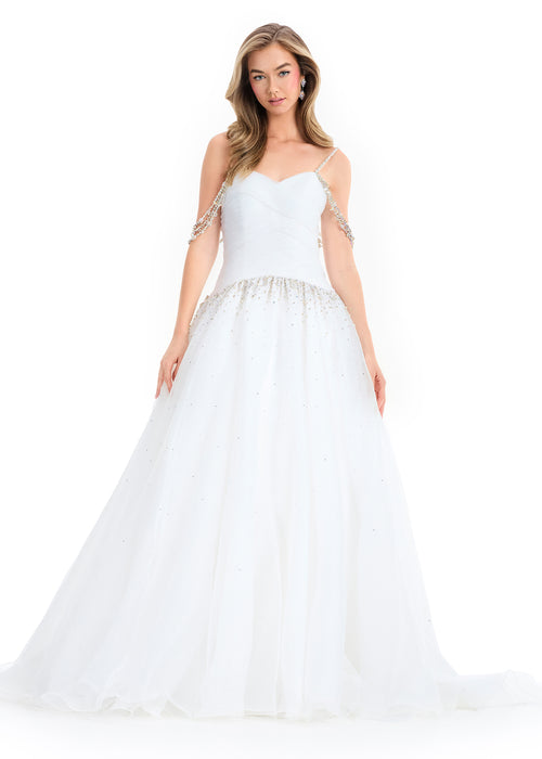 Sylara Gown | Ivory organza ball gown with sweetheart neckline, ruched bodice, and crystal-embellished straps.