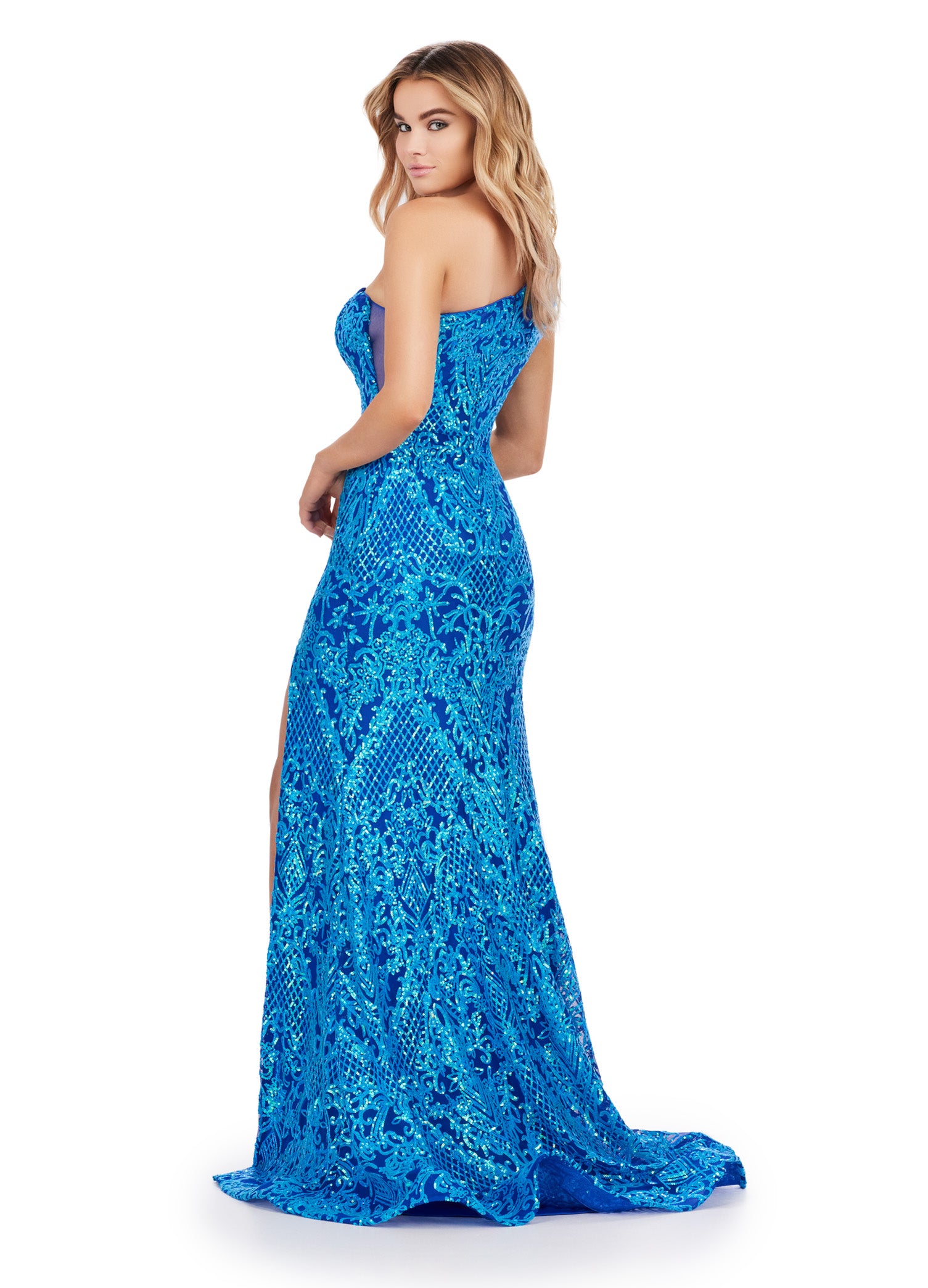 ASHLEYlauren_11471 Blue One-Shoulder Embellished Evening Gown with Thigh-High Slit – Glamorous Formal Wear