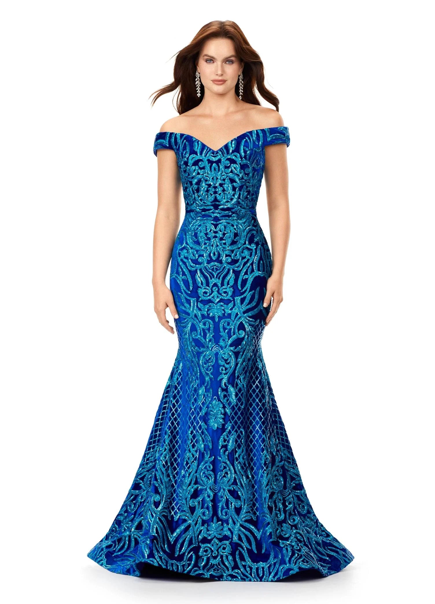 Turquoise / Royal ASHLEYlauren Vivia Gown 11330 featuring off-the-shoulder neckline, velvet fabric with all-over sequin detailing, criss-cross back, fitted silhouette, and sweeping train with structured hem