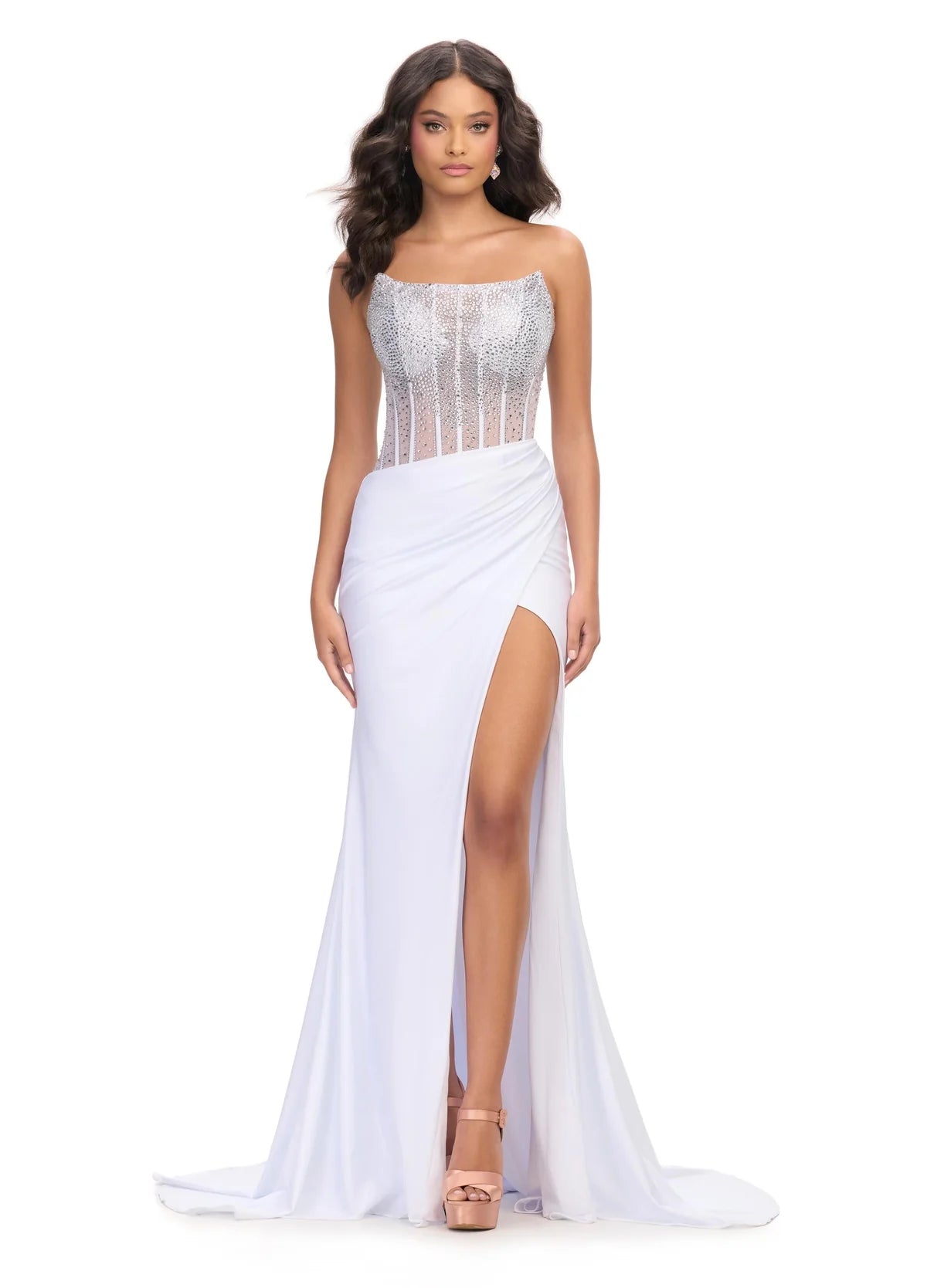 White Strapless Evening Gown with Silver Beaded Corset and Thigh-High Slit – Glamorous Formal Wear