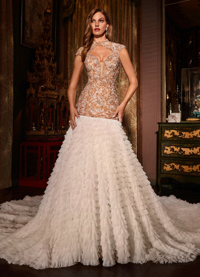 Video - Embellished Lace Bodice Gown with Tiered White Skirt – Luxury Bridal or Evening Wear