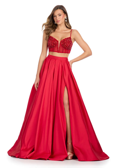 Video - Red ASHLEYlauren Antalya Two Piece Gown 11826 featuring a beaded sweetheart corset with spaghetti straps, lace-up back, and voluminous high-slit taffeta skirt for a show-stopping formal look