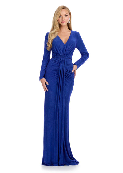 Close up video - Royal blue long-sleeve evening gown featuring a plunging V-neckline, ruched detailing at the waist, and a floor-length silhouette with subtle shimmering accents for timeless elegance.