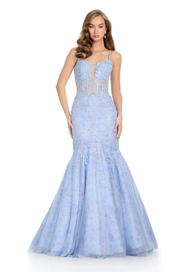 Video - Enchanting lilac mermaid gown featuring a floral lace overlay, a fitted corset bodice with delicate straps, and a dramatic flared skirt for a fairytale-inspired silhouette.
