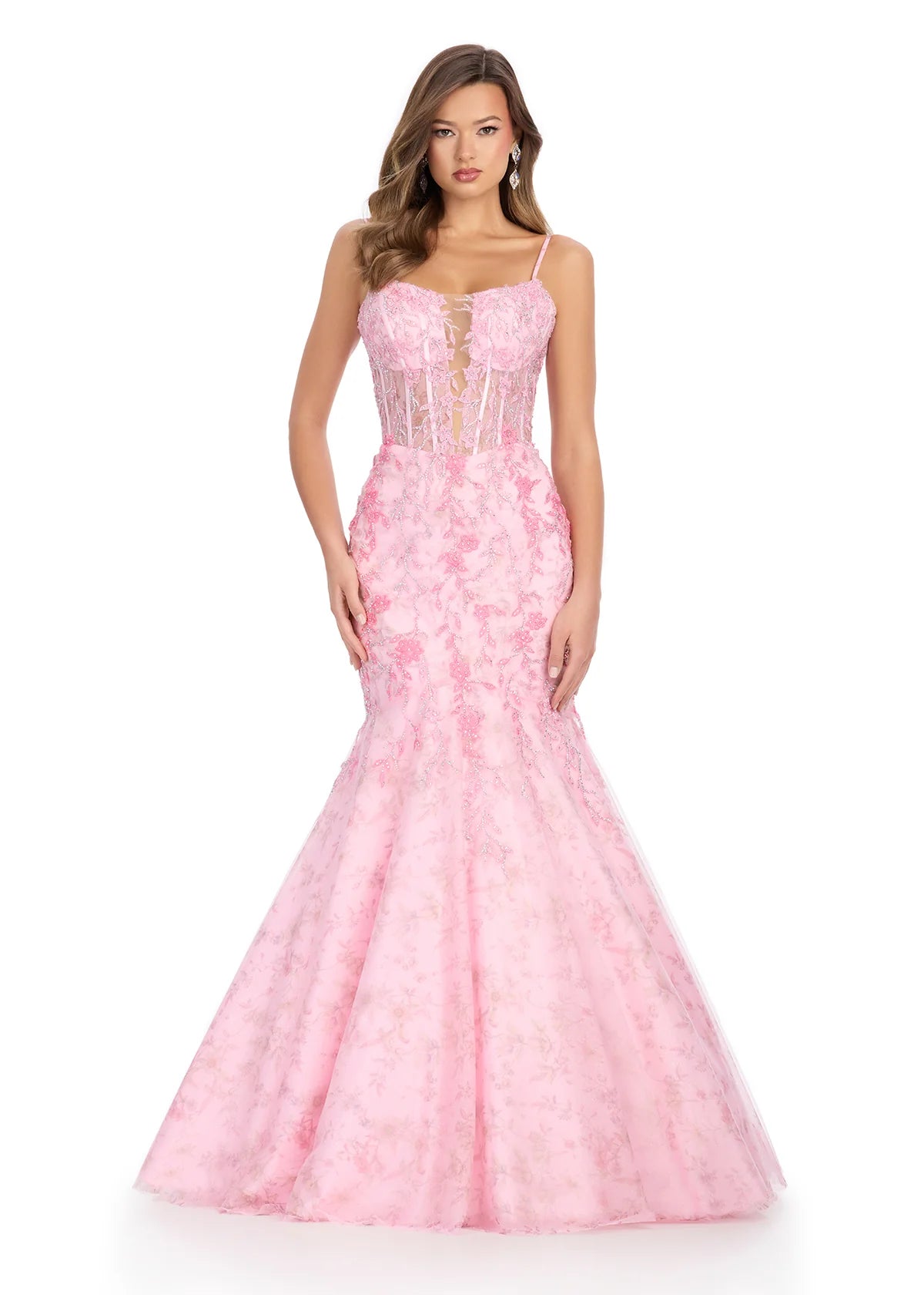Video - Enchanting pink mermaid gown featuring a floral lace overlay, a fitted corset bodice with delicate straps, and a dramatic flared skirt for a fairytale-inspired silhouette.