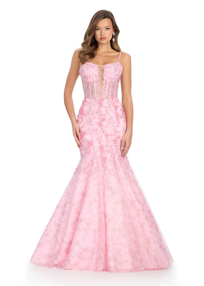 Video - Enchanting pink mermaid gown featuring a floral lace overlay, a fitted corset bodice with delicate straps, and a dramatic flared skirt for a fairytale-inspired silhouette.