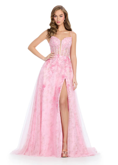 Nala Gown | Pink Luxury formal gown featuring corset style bodice, appliqué accents and statement leg slit