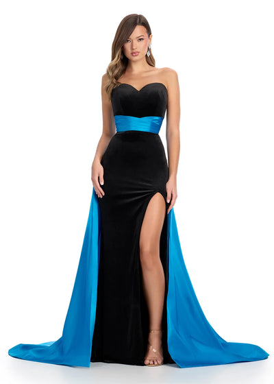Strapless Evening Gown With Sweetheart Neckline, Side Slit, Contrasting Blue Sash And Train. Video.