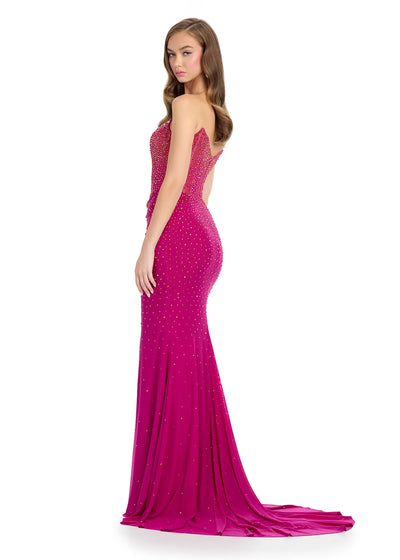 Video - Strapless evening gown adorned with delicate embellishments, featuring a fitted bodice, a thigh-high slit, and a glamorous floor-length design.