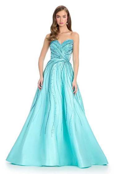 Video - Strapless Aqua Blue Ball Gown With Embellished Bodice And Flowing Skirt Featuring Subtle Crystal Detailing