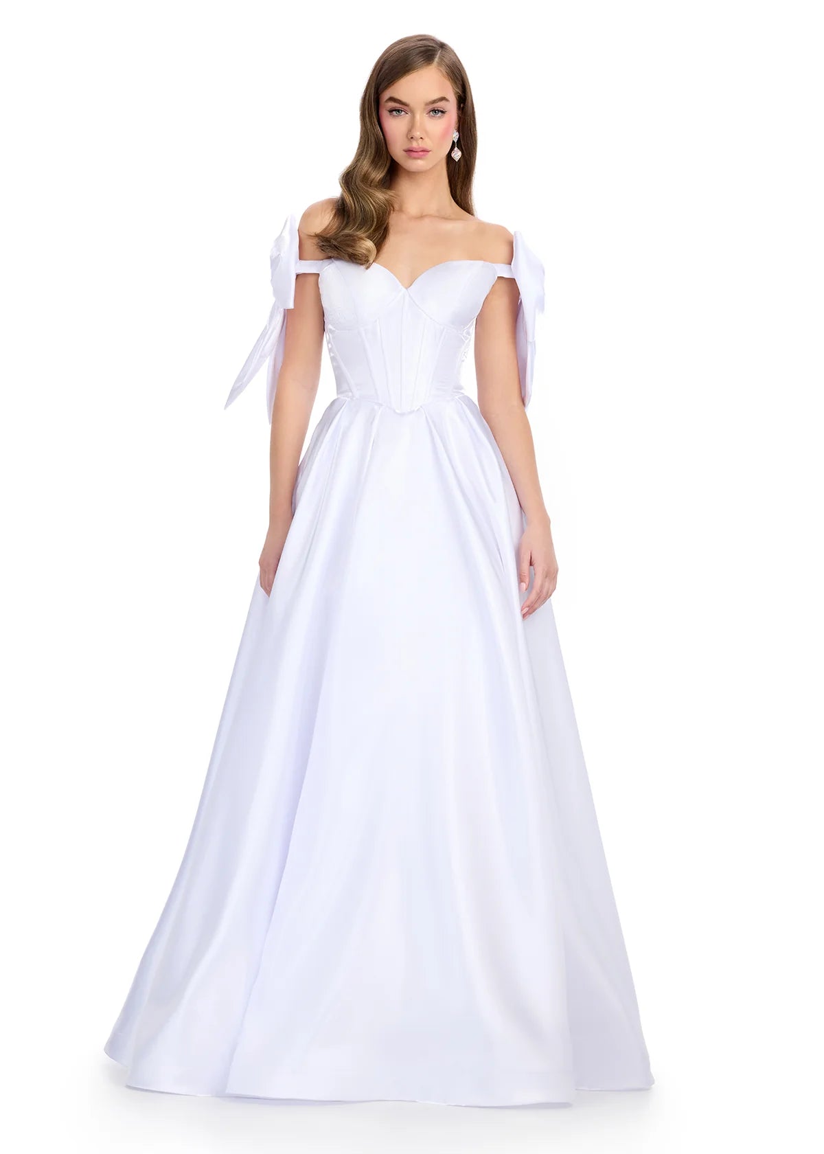 Video - White satin ball gown with a structured corset bodice, sweetheart neckline, and white bow-accented off-shoulder sleeves.