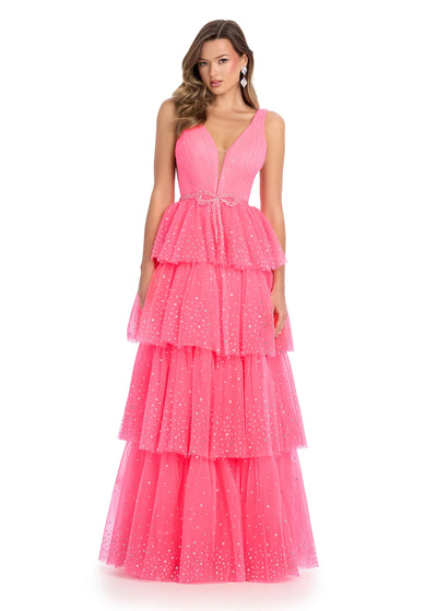 Video - Pink delicate tiered ball gown with a plunging neckline and a cinched waist, adorned with shimmering accents for an ethereal fairy-tale look.