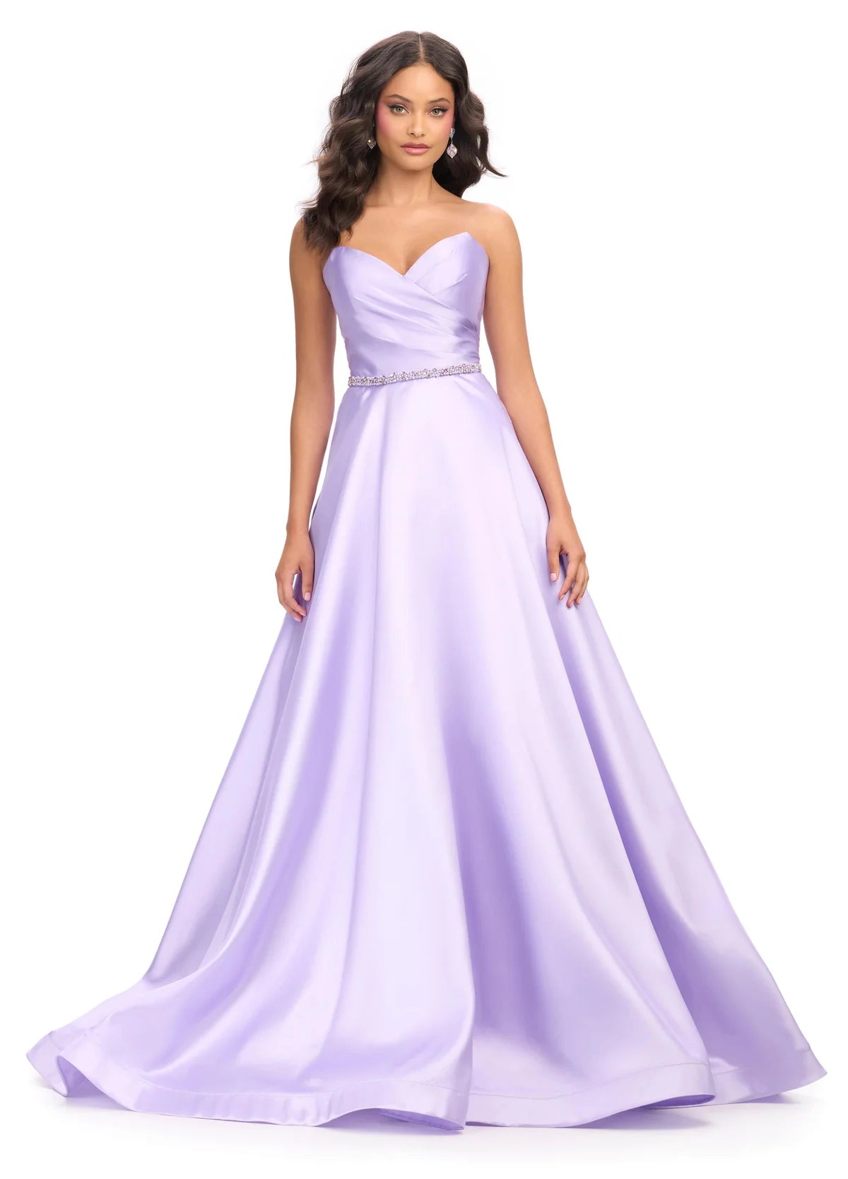 Close up video of a Lilac Satin Evening Gown with Sweetheart Neckline and Beaded Waist | Perfect for Formal Events