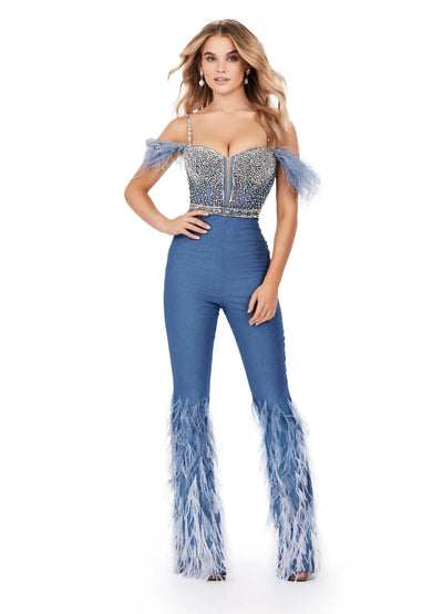 Video - Stylish denim-inspired jumpsuit featuring an embellished corset-style bodice with off-shoulder feathered straps, high-waisted fitted trousers, and feathered accents on flared legs.