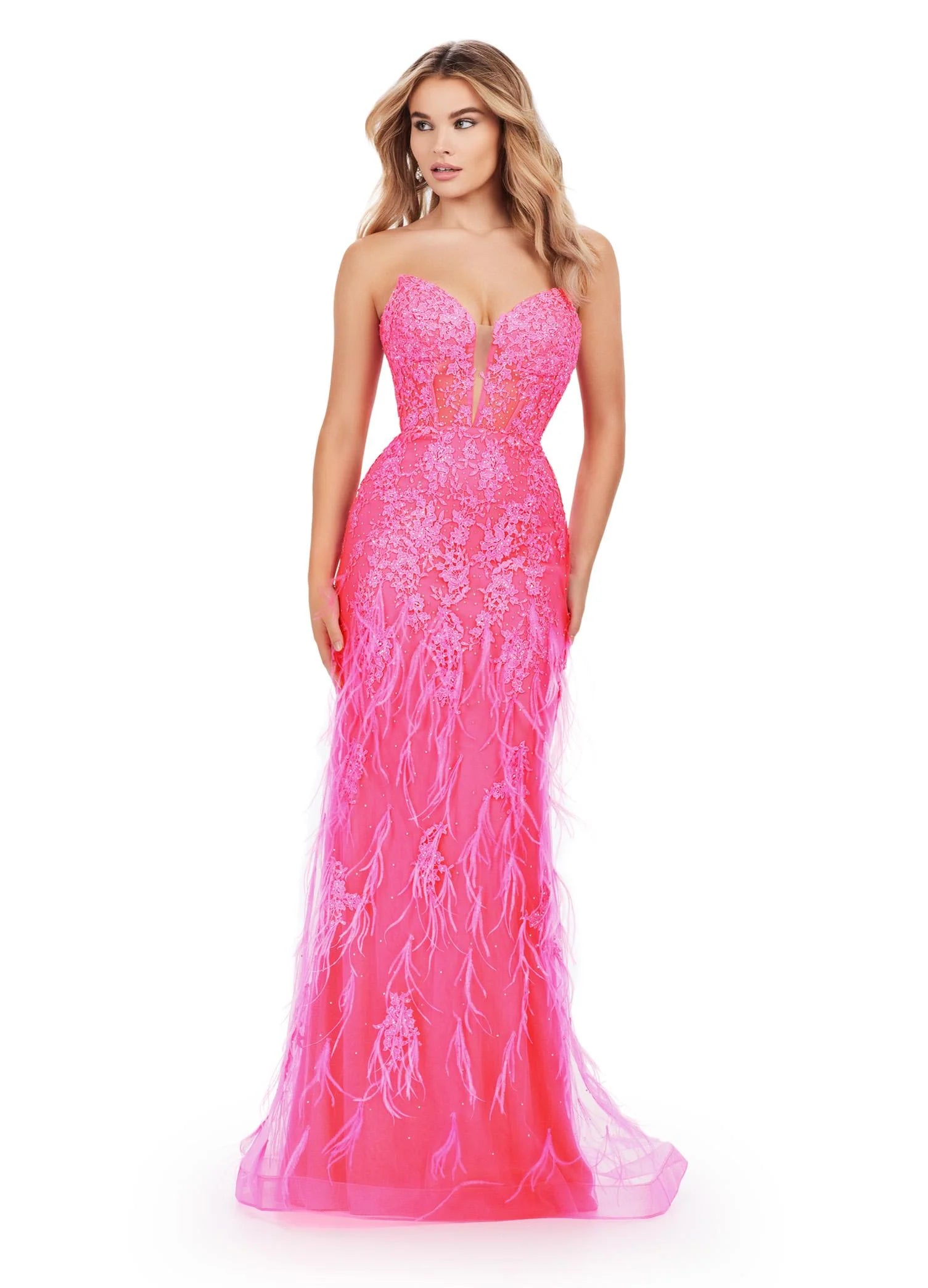 Video - Elegant strapless pink gown with a deep plunging neckline, featuring intricate beading and feather embellishments, flowing into a fitted silhouette and delicate tulle skirt.
