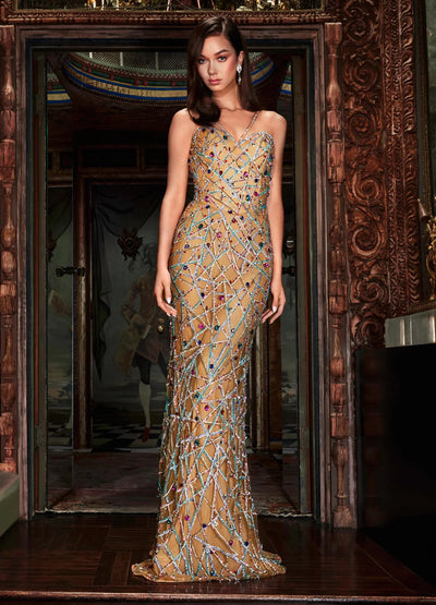 Video - Gold Beaded Evening Gown with Colourful Gem Embellishments – Glamorous Couture Dress