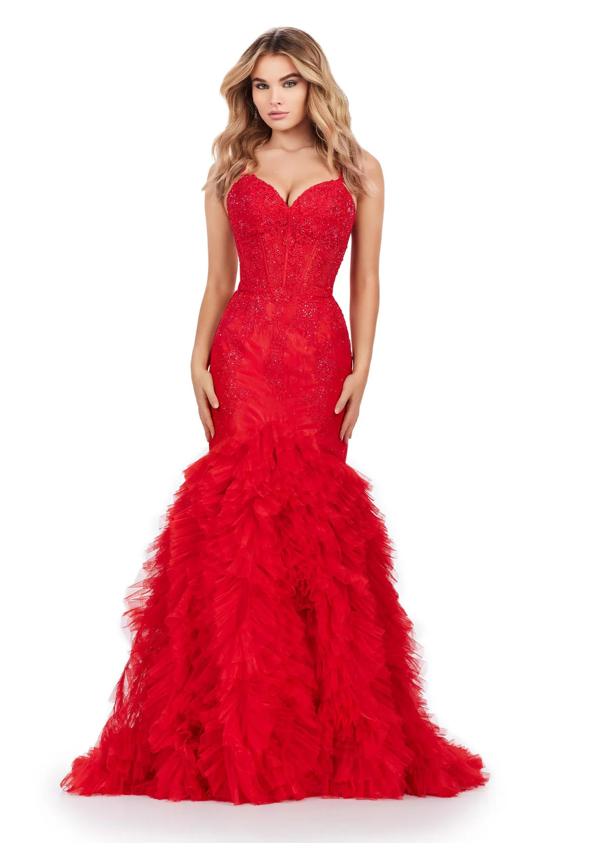 Video - ASHLEYlauren_11475 Strapless red mermaid gown with a fitted bodice and voluminous tulle skirt, perfect for luxury evening wear and formal events