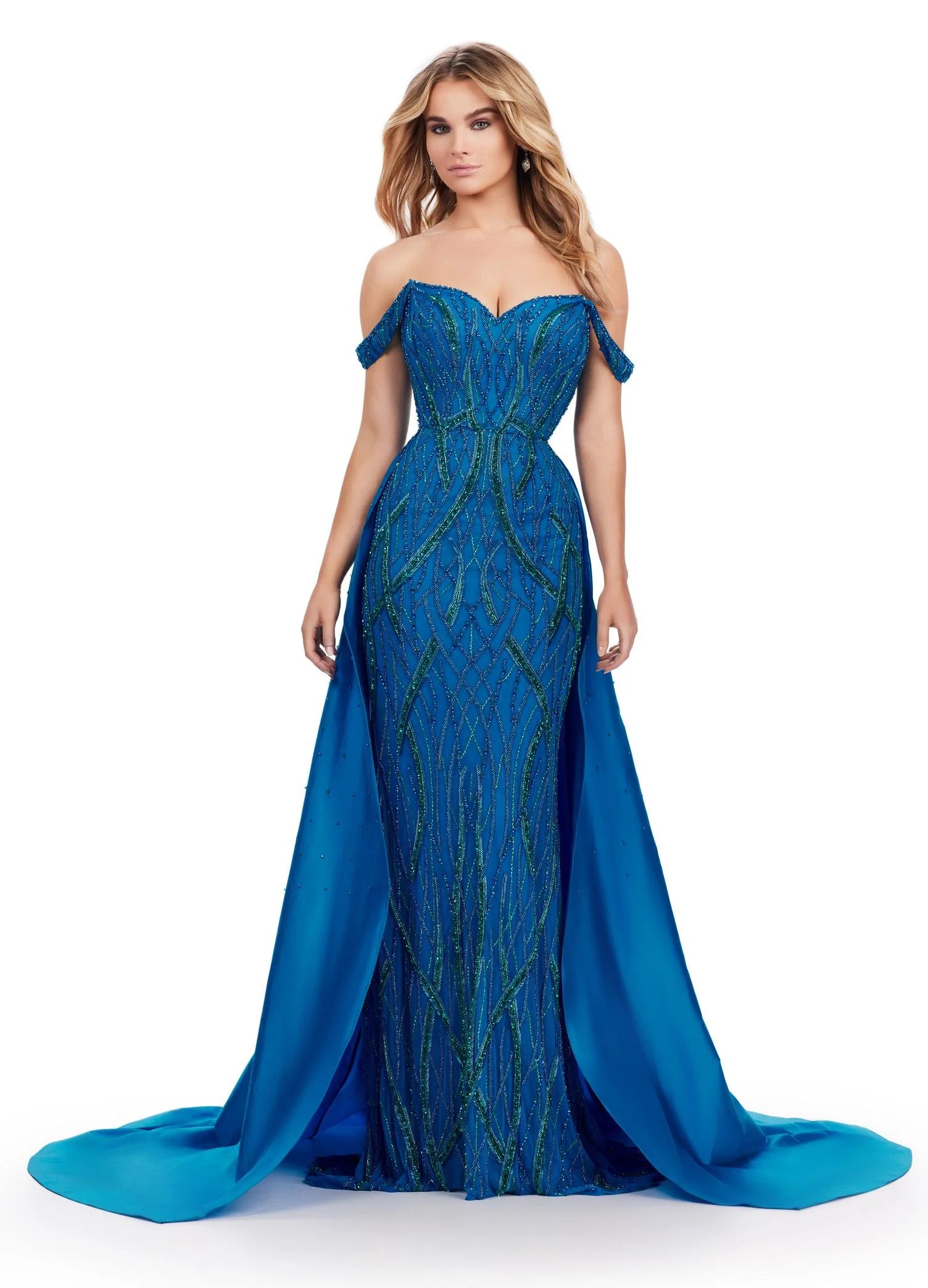 Video - ASHLEYlauren_11458 Blue luxurious off-shoulder gown with a sweetheart neckline, intricate beadwork throughout, and a dramatic floor-length overskirt with a sweeping train.