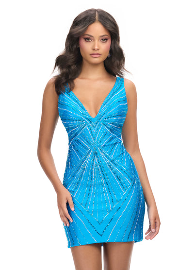 Video - Aqua mini dress with intricate beading in blue and silver, featuring a deep V-neckline and geometric patterns for a dazzling and modern look.