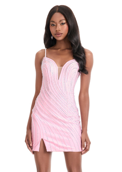 Alaina Mini Dress | Ice-Pink Fitted Jersey Mini Dress with Shimmering Beadwork, Spaghetti Straps and Side Slit for Cocktail Parties and Evening Events video